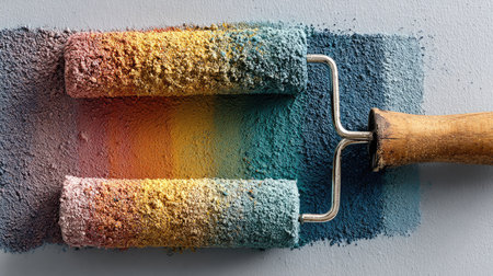 A vibrant paint roller rests against a gray surface, leaving a trail of colorful dust, showcasing artistic creativity in home improvement projects.の素材