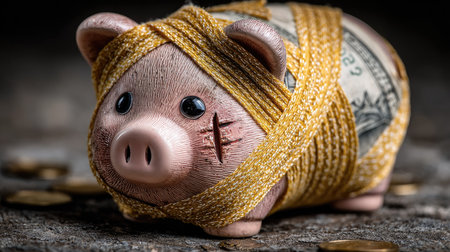 A piggy bank wrapped in a golden ribbon, featuring cash inside, represents the challenges of managing finances and the importance of saving money creatively.の素材