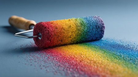 This captivating image features a paint roller covered in vibrant rainbow powder, spilling color onto a smooth surface. It represents creativity and artistic expression.の素材