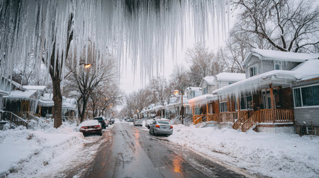 This serene winter street scene captures snow-covered homes framed by beautiful icicles. A peaceful neighborhood setting invites tranquility and beauty.の素材