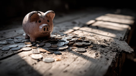 A charming vintage piggy bank rests amid a scattered collection of coins on a weathered wooden surface, illuminated by soft shadows and vivid light.の素材