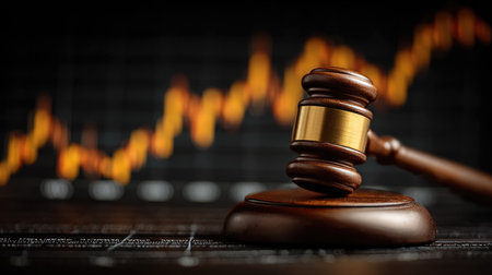 A close-up image of a wooden gavel positioned on a reflective surface with a stock market chart in the background, illustrating finance and law.の素材