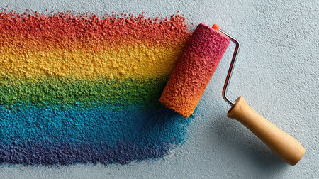 A vibrant paint roller creates a beautiful rainbow stripe on a textured surface, showcasing a stunning blend of colors for artistic projects and home decor.の素材