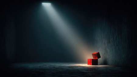 A striking composition showcasing a red box bathed in a beam of light within a dark room, evoking feelings of mystery and anticipation. The interplay of light and shadow creates an enchanting atmosphere perfect for artistic or conceptual projects.の素材