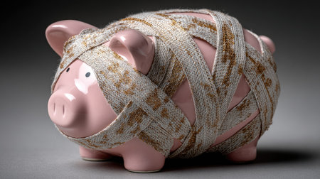 A piggy bank symbolizing financial struggles, wrapped in bandages to signify repair and recovery. Ideal for financial concepts and challenges.の素材