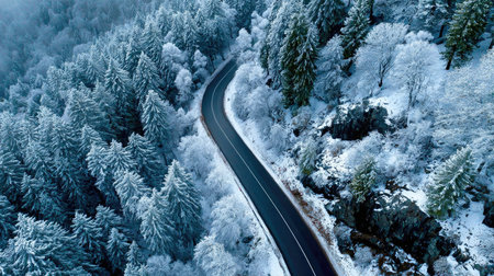 A breathtaking aerial view of a winding road through a snow-laden forest. Lush evergreen trees are blanketed in white, creating a tranquil winter scene.の素材