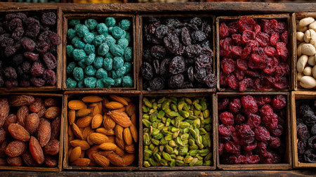 An overhead view capturing a rich assortment of dried fruits and nuts displayed in wooden containers, showcasing vibrant colors and natural textures.の素材