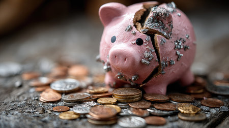 A cracked piggy bank sits amidst scattered coins on a rustic wooden table, symbolizing financial crises, loss, and struggles with saving and budgeting.の素材