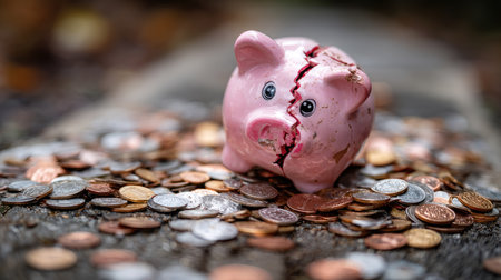 A broken piggy bank rests among a scattering of coins on a rustic wooden surface, symbolizing financial struggles, lost savings, and the importance of budgeting.の素材