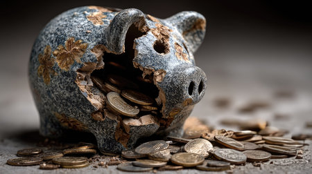 A cracked piggy bank reveals a pile of coins pouring out, symbolizing financial struggles and the challenges of saving money in uncertain times.の素材