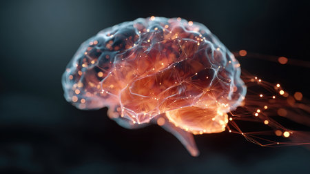 This stunning 3D render showcases a futuristic human brain with glowing connections, perfect for representing technology, science, and innovation themes in visual projects.の素材