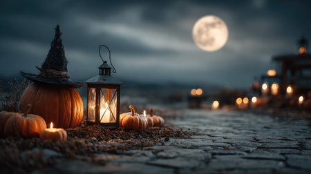 A captivating Halloween scene featuring glowing lanterns and beautifully arranged pumpkins along a rustic stone path, illuminated by a full moon.の素材