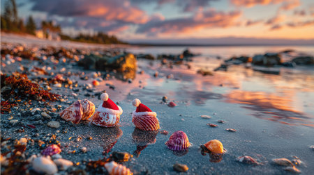 Delightful and whimsical, this image captures seashells wearing Santa hats at the shore during a stunning sunset. The serene coastal atmosphere invites relaxation and joy.の素材