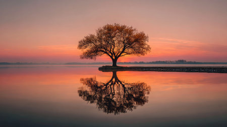 A stunning sunset casts a warm glow over a solitary tree, beautifully mirrored in the still waters below. This tranquil scene evokes peace and solitude.の素材
