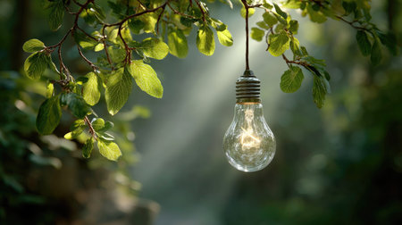 A captivating light bulb hangs from a branch, surrounded by fresh green leaves, bathed in soft sunlight, creating a tranquil and magical atmosphere.の素材