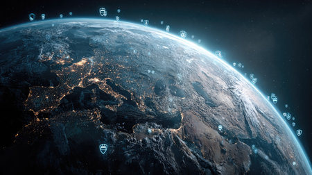 An extraordinary view of Earth from space showcasing digital security icons. This image captures the beauty of our planet with a focus on technology and connectivity.の素材