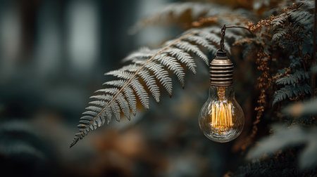 A mesmerizing image showcasing a glowing vintage light bulb delicately hanging amidst lush green ferns, creating a tranquil atmosphere perfect for nature lovers.の素材