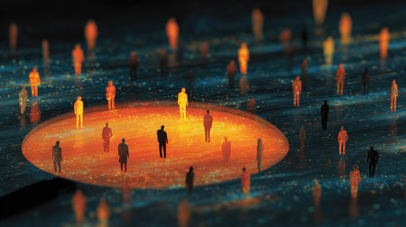 This abstract image showcases human figures in silhouettes standing within a glowing circle, set against a cosmic night background, evoking themes of connection and individuality.の素材