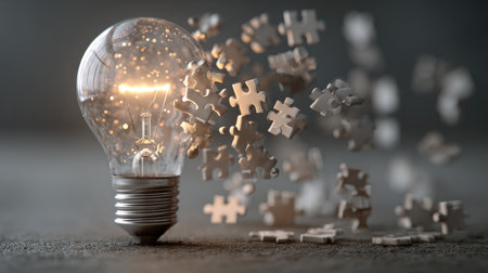 A glowing light bulb bursts with scattered puzzle pieces, symbolizing the birth of ideas, creativity, and innovative solutions. This artistic representation inspires.の素材