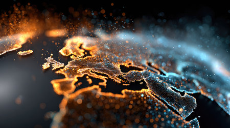 This captivating abstract visualization features glowing dots representing Earth's continents, showcasing intricate light effects against a dark backdrop.の素材