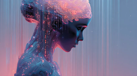 This captivating artwork features a futuristic woman with an abstract brain, showcasing the harmonious blend of technology and humanity in a dreamlike setting.の素材