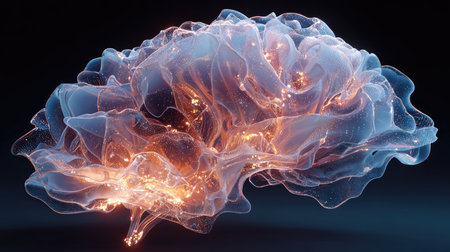 This captivating abstract image illustrates a glowing brain model, showcasing ethereal shapes and light effects. It represents creativity, inspiration, and fluid imagination.の素材