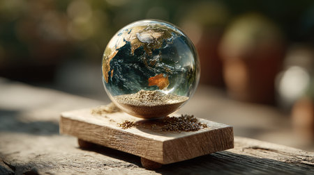 A stunning glass globe displaying a detailed map of Earth, set on a rustic wooden base with soft sand, perfect for home decor and environmental themes.の素材