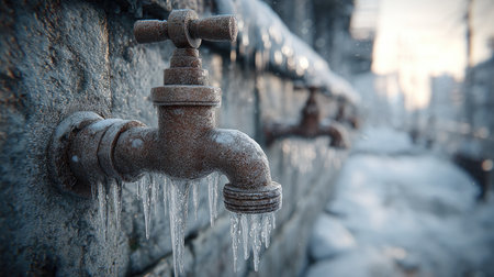 A rustic faucet adorned with icicles symbolizes winter's chill in an urban setting. The scene captures the essence of cold weather and the beauty of frost.の素材