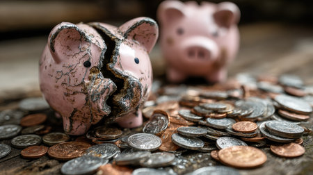 A broken piggy bank spills coins onto a rustic wooden surface, illustrating the challenges of managing finances and the importance of saving habits in everyday life.の素材