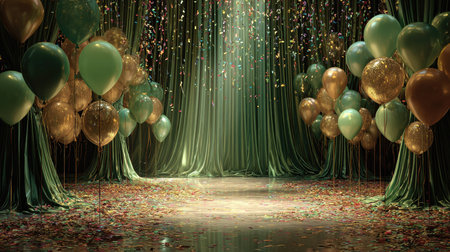 This stunning celebration scene features vibrant balloons, shimmering confetti, and lush green surroundings, creating a joyful and inviting atmosphere perfect for events.の素材