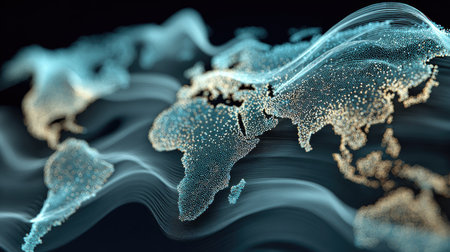 This abstract image features a digital representation of a global map, showcasing glowing particles and flowing lines against a dark background, symbolizing connectivity and modern technology.の素材