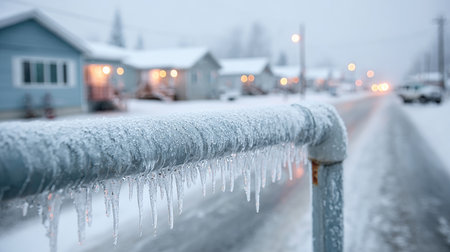 A captivating winter evening scene showcasing a frosted pipe with icicles, lined by charming homes glowing softly in the snow-covered street.の素材
