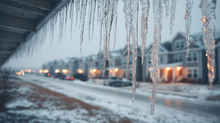 Stunning image of icicles hanging from eaves in a suburban area during a winter storm, with softly blurred houses and street lights in the background.の素材