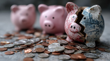 A broken piggy bank sits among scattered coins, highlighting the challenges of saving money and managing personal finances in today's economy.の素材
