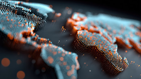 This abstract digital world map features vibrant blue and orange dots, creating a visual representation of connectivity and global networks. Ideal for tech-related projects.の素材
