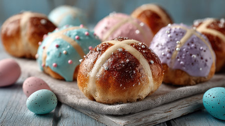 A vibrant display of freshly baked Easter buns decorated with colorful icing and sprinkles, surrounded by pastel-colored eggs on a rustic table.の素材