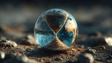 This captivating image features a glass hourglass filled with sand and water, reflecting Earth in a surreal, tranquil setting, embodying the passage of time.の素材