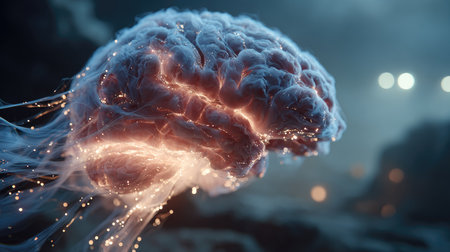 A striking image of a glowing brain suspended in an ethereal setting, symbolizing creativity and intelligence. The intricate neural connections illuminate the dark atmosphere.の素材