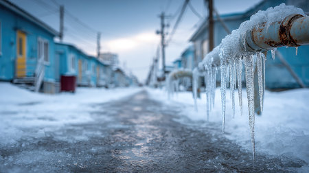 A serene winter scene captures a street lined with blue homes, icy pipes dripping with icicles, and a smooth snow-covered path, evoking tranquility.の素材