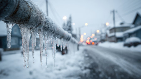 A stunning close-up of icicles hanging from a metal pipe set against a snowy street scene, showcasing a frosty atmosphere with blurred lights.の素材
