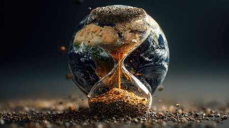 This striking image features an hourglass with sand flowing, set against the backdrop of Earth, representing the urgent issues surrounding time, environment, and humanity.の素材