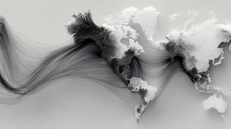 This artistic representation of a world map features flowing lines to symbolize global connections and data movement, ideal for modern design projects.の素材