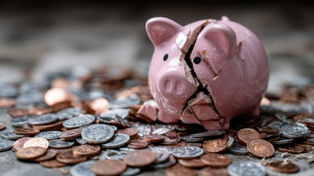 A broken piggy bank rests amidst scattered coins, representing the challenges of managing personal finances and the importance of budgeting.の素材