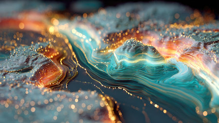 This captivating abstract image showcases a digital landscape with flowing lights and vibrant colors, beautifully representing natural terrain and topography.の素材