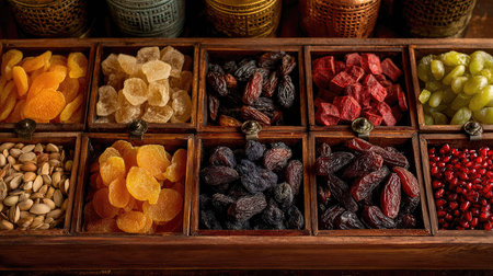 A beautifully arranged selection of dried fruits and nuts in a rustic wooden tray, showcasing vibrant colors and textures, perfect for healthy snacking or culinary displays.の素材