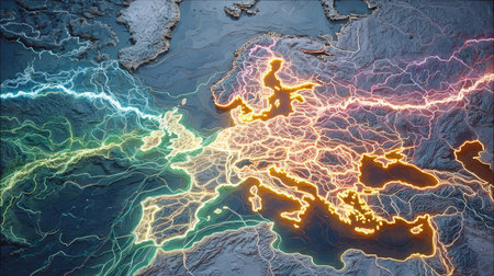 This dynamic and colorful abstract illustration showcases energy flow across Europe, blending vibrant light with topographic details for a unique visual impact.の素材