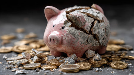 A shattered piggy bank lies among scattered coins, illustrating the harsh realities of financial loss and unexpected expenses. This image portrays the fragility of savings and the impact of economic challenges on personal finance.の素材