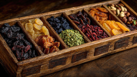 A beautifully arranged selection of dried fruits and spices in a rustic wooden box, showcasing a variety of textures and colors ideal for healthy cooking.の素材