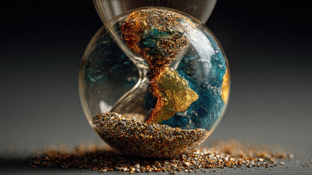 An artistic representation of the Earth inside an hourglass, showcasing a blend of vibrant colors and golden sands, symbolizing the passage of time and environmental awareness.の素材