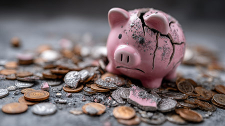 A cracked pink piggy bank sits among a disarray of scattered coins, symbolizing financial setbacks and the important lesson of effective saving practices.の素材